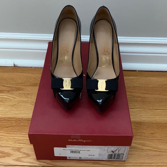 Salvatore Ferragamo Trilly Ferro Black Patent Heels (Size 6) - Picture 2 of 6